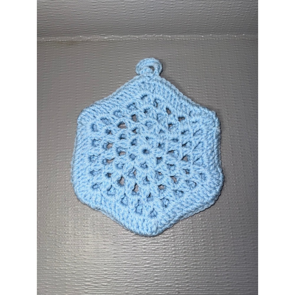 Handmade Crochet Hexagon Potholder Hot Pad Baby Blue Snowflake Kitchen Decor
